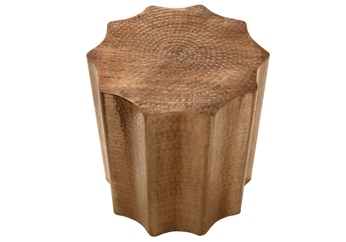 Drum Accent Side Table with Scalloped Hammered Metal Design - Beige, Bronze, Gold