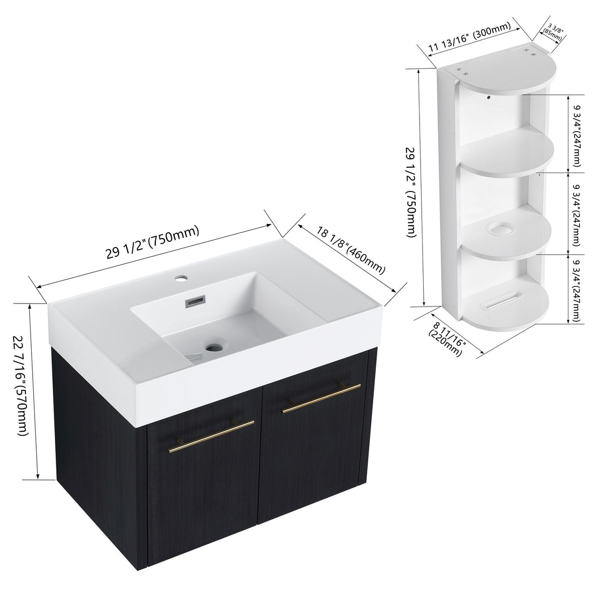 Modern Wall Mounted Bathroom Vanity with Resin Sink - Black