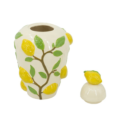 White Ceramic Lidded Jar with Playful Lemon Design - 15" Tall