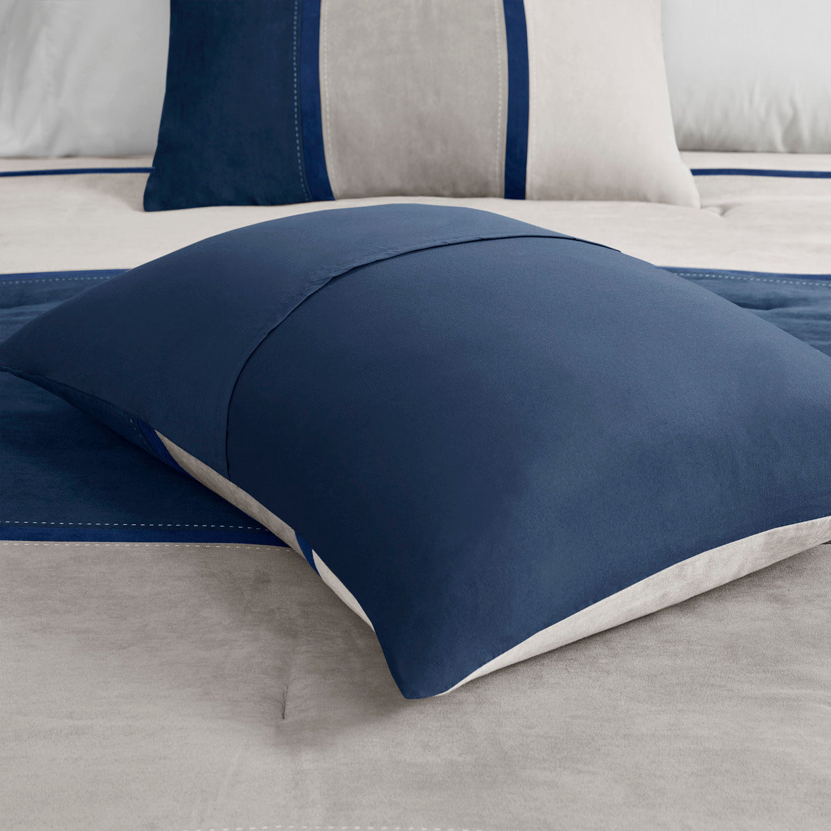 Blue Faux Suede Queen Comforter Set with Decorative Pillows - 7 Piece