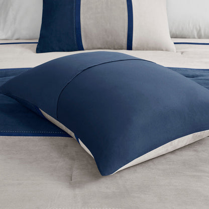 Blue Faux Suede Queen Comforter Set with Decorative Pillows - 7 Piece