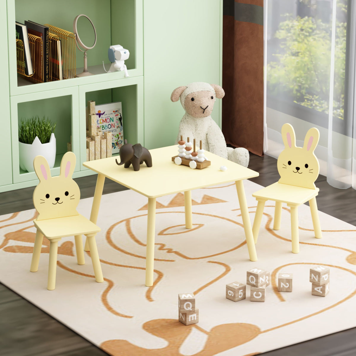 Yellow Bunny Table and Chair Set with 2 Bunny Chairs – Wood – Kids