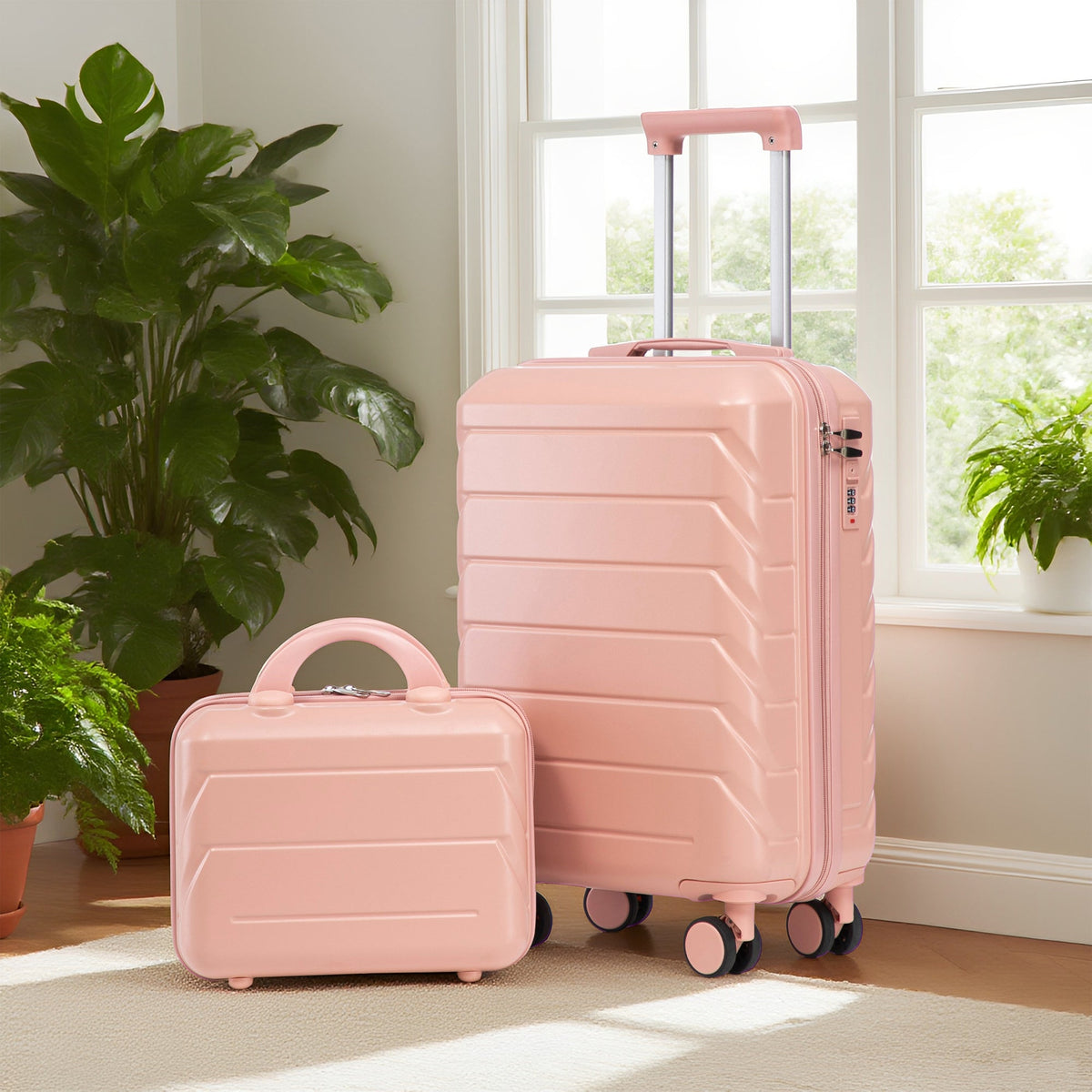 ABS 2-Piece Luggage Set with Spinner Wheels and Combination Lock - Pink