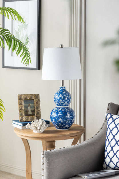Blue and White Ceramic Vase Table Lamp with White Linen Shade - 25.7" High