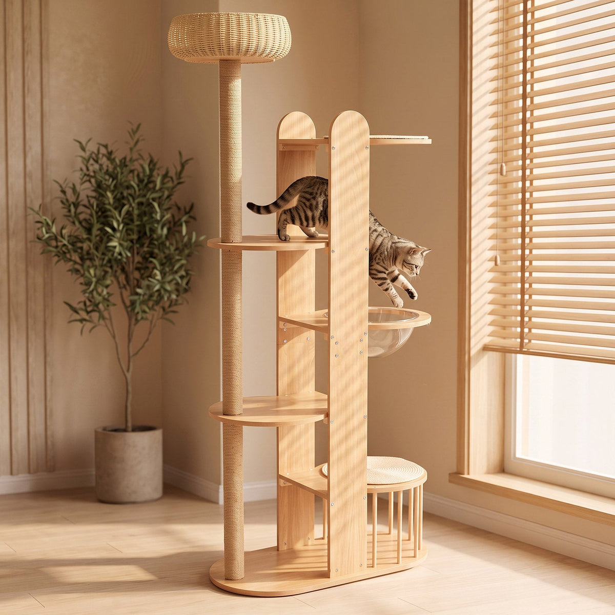 Multi-Level Wood Cat Tree Tower with Sisal Scratching Post - Natural Wood