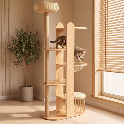 Multi-Level Wood Cat Tree Tower with Sisal Scratching Post - Natural Wood