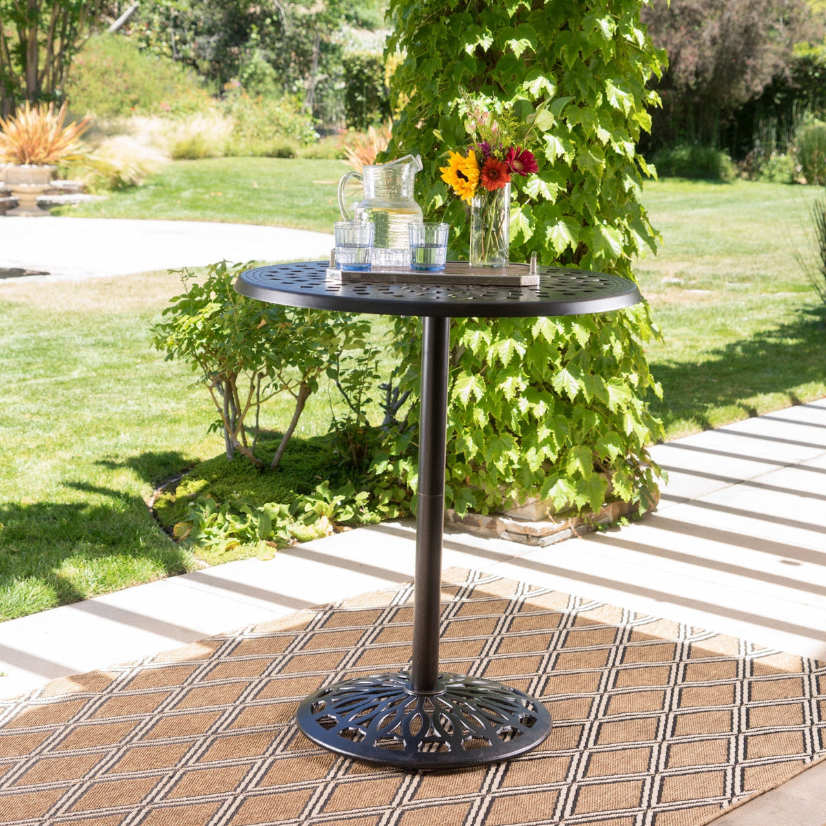 Elegant Cast Aluminum Round Bar Table with Filigree Design - Copper