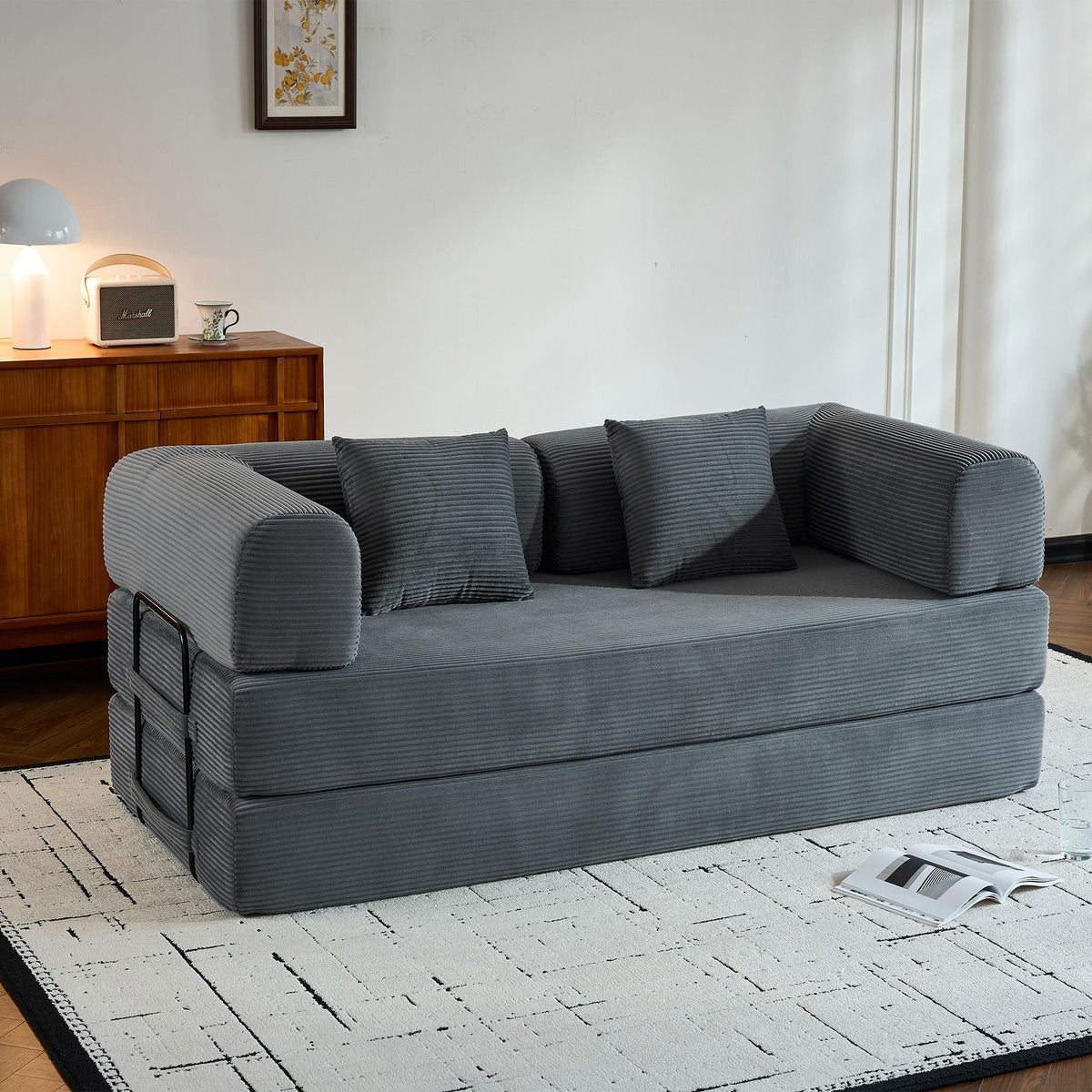 Convertible Sleeper Sofa Bed with Fixed Shape Frame and Cylindrical Pillow - Fabric