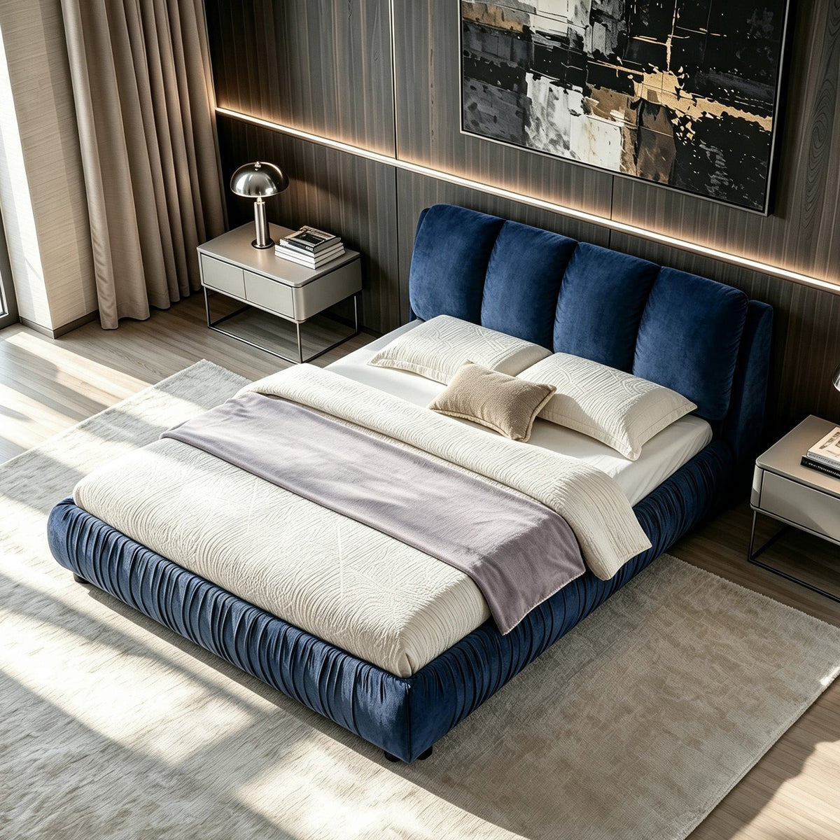 Queen Upholstered Bed Frame with Segmented Compressed Sponge Headboard - Dark Blue or Gray