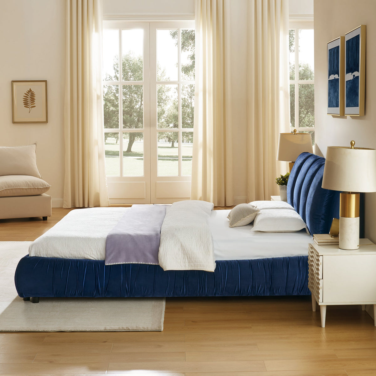 Queen Upholstered Bed Frame with Segmented Compressed Sponge Headboard - Dark Blue or Gray