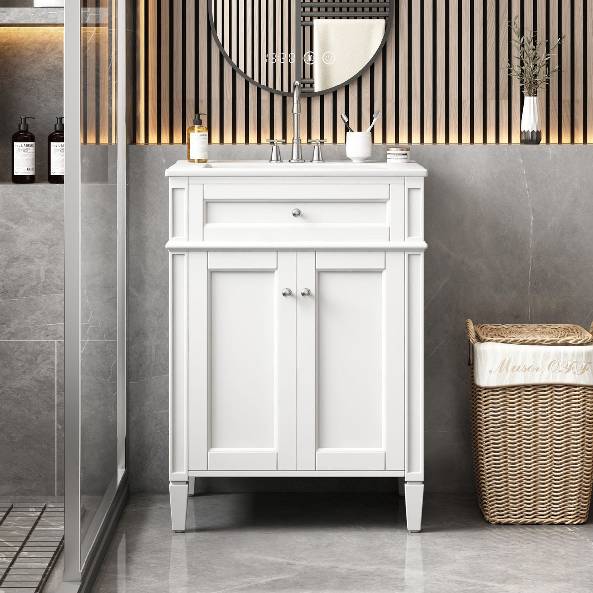 Bathroom Vanity with Solid Wood Frame and Tip Out Drawer - Black, White, Dark Green