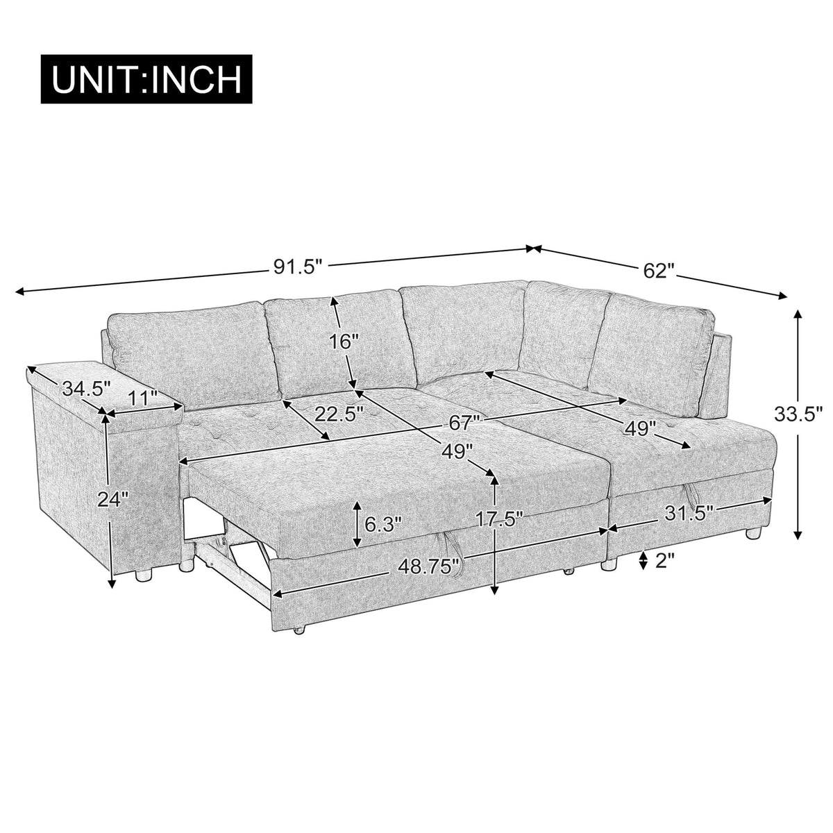 L Shaped Sleeper Sectional Sofa with Pull Out Bed and Storage - Dark Gray