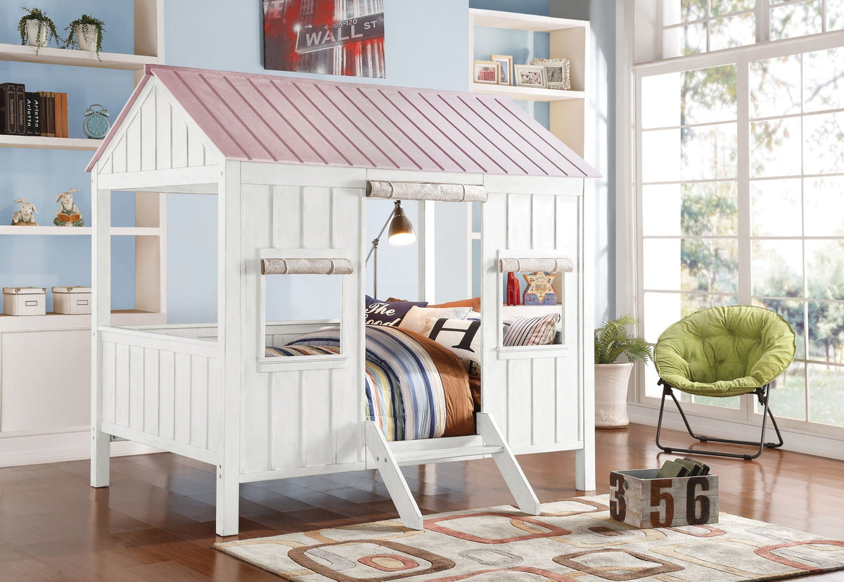 Full Canopy Bed with Wood Frame and Curtains - White / Pink