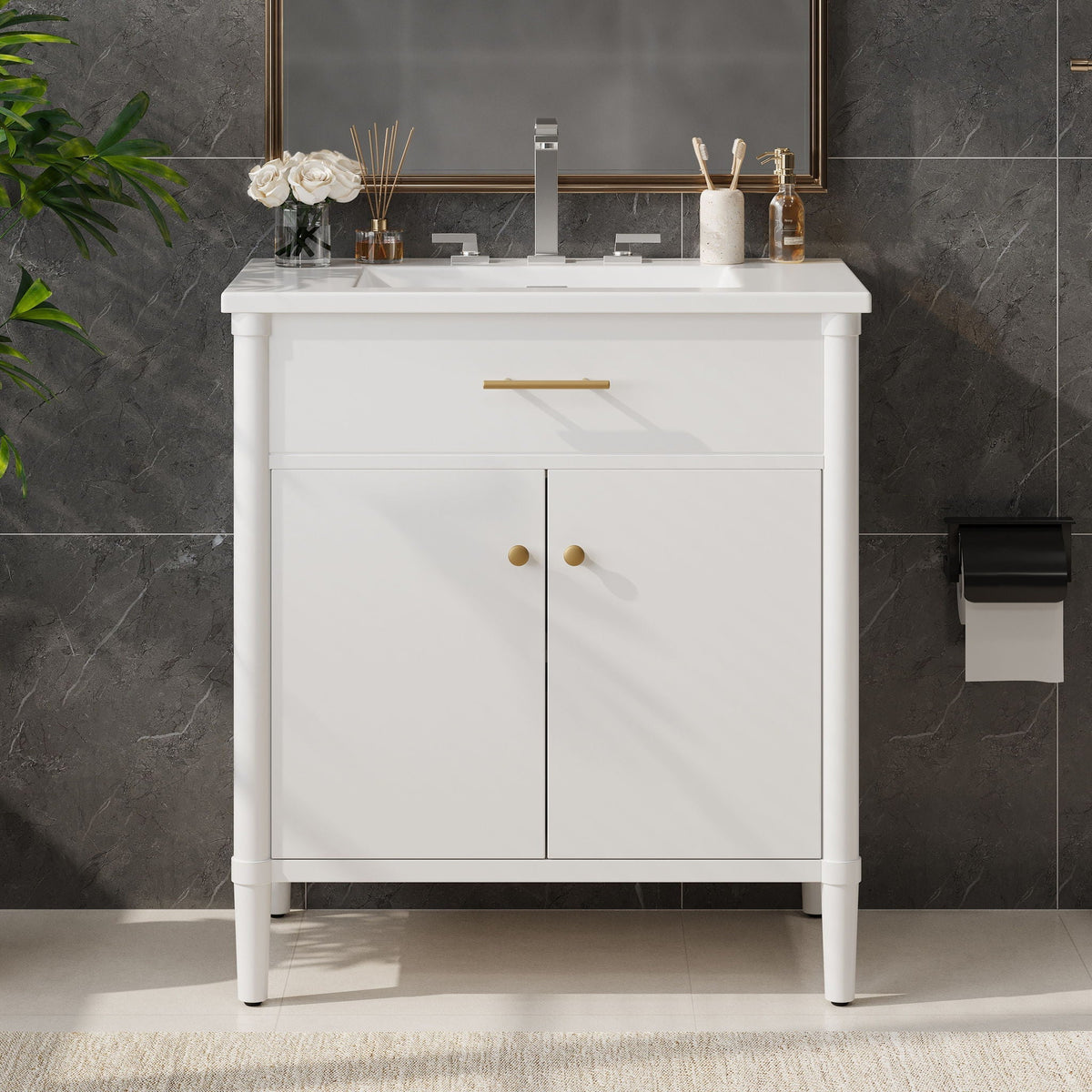 Bathroom Vanity with Sink and Adjustable Shelf - Soft Close Doors - Black, Green, or White