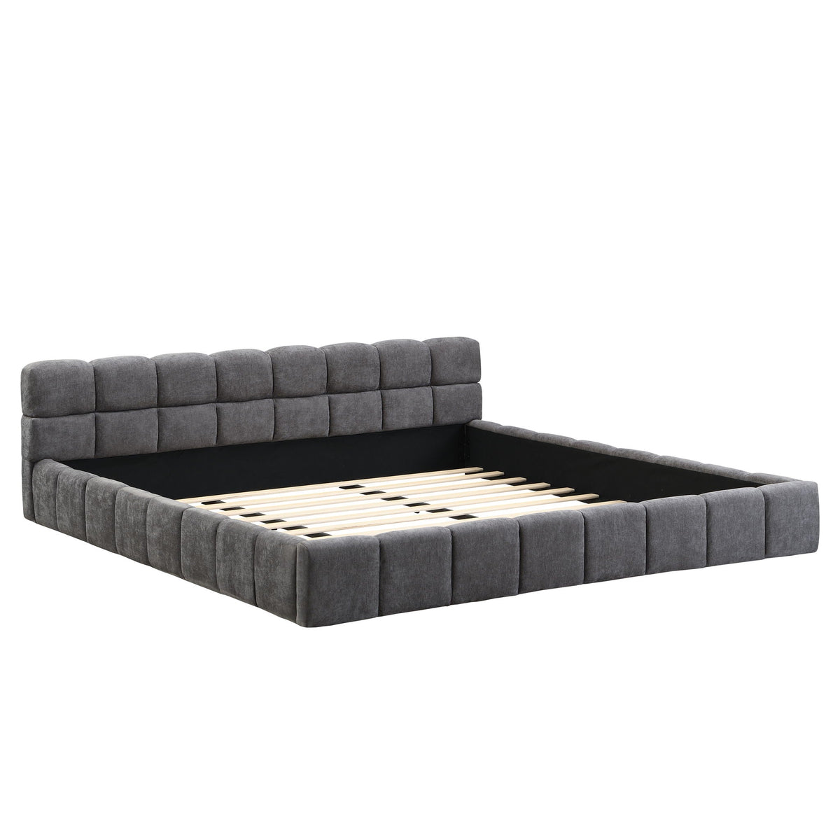 Elegant Upholstered Bed with Checkerboard Headboard - Dark Gray