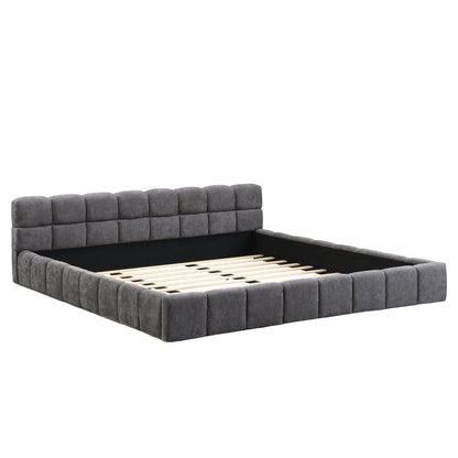 Elegant Upholstered Bed with Checkerboard Headboard - Dark Gray