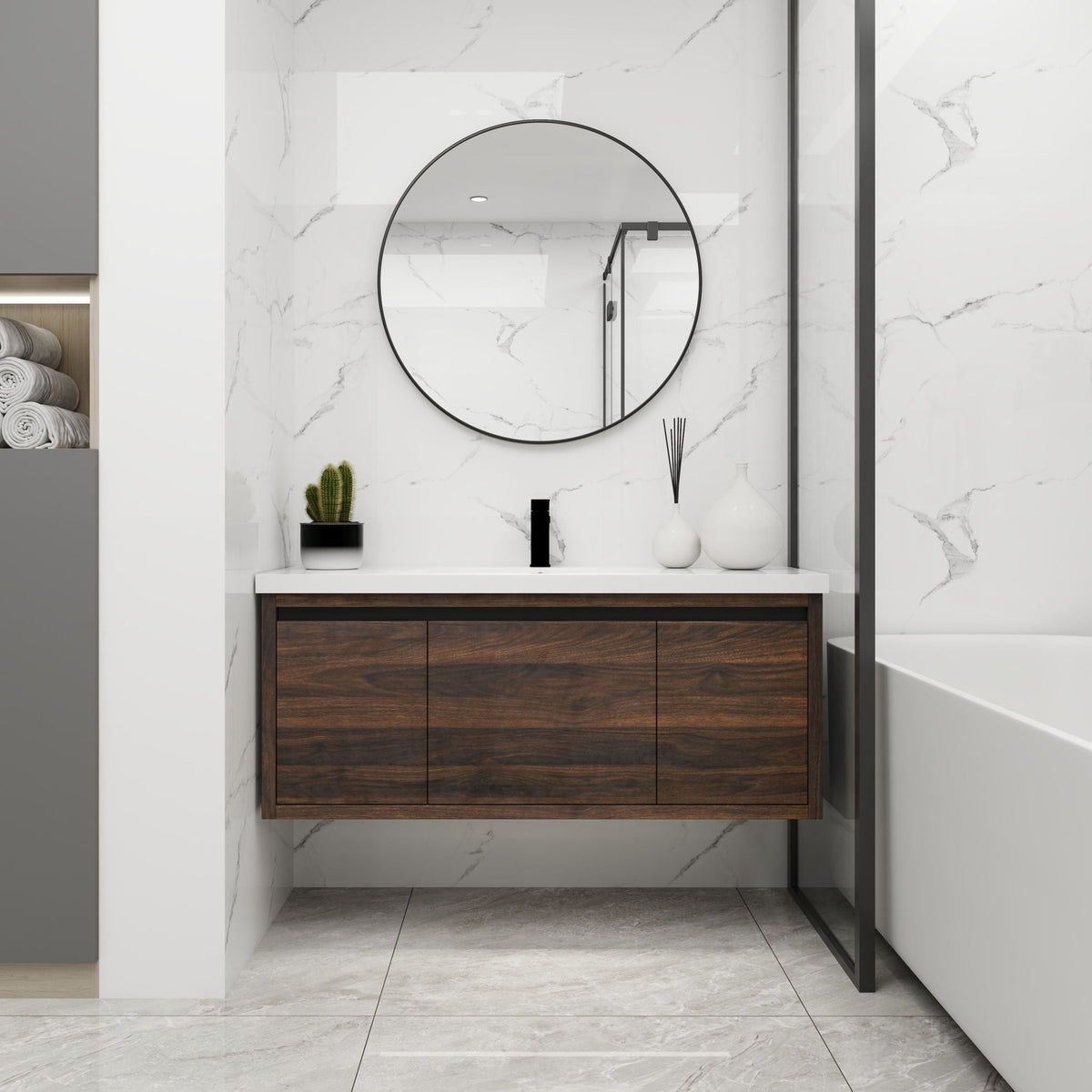 Floating Bathroom Vanity with Resin Sink and Soft-Close Doors - Wood