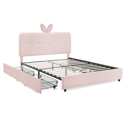 Queen Size Kids Upholstered Bed with Rabbit Ear Headboard & Storage - Boucle