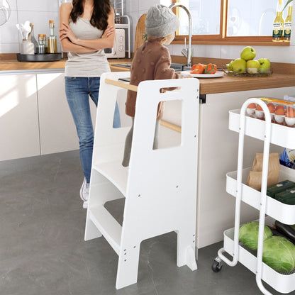 White Adjustable Child Kitchen Step Stool with Removable Bar - Standing Tower