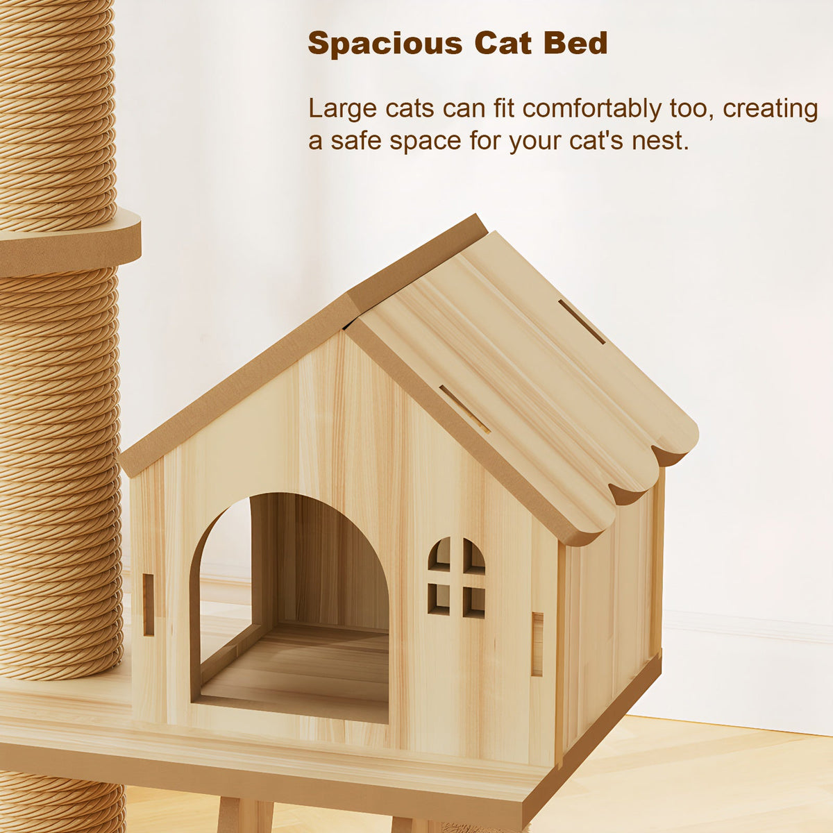 Floor to Ceiling Cat Tree with Wood Condo Cave Bed and Hammock - Adjustable Height
