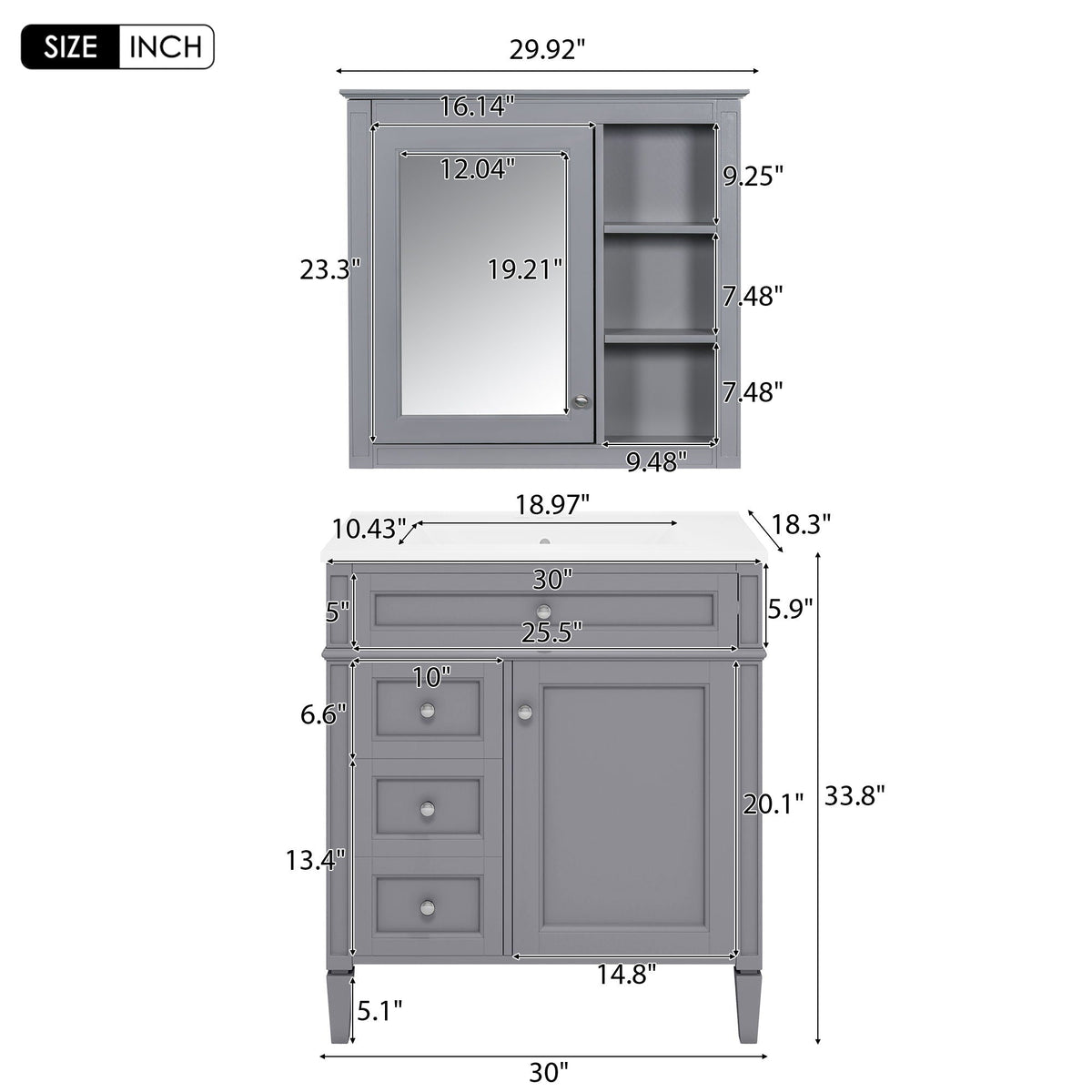 Bathroom Vanity with Medicine Cabinet and Storage - Multiple Colors