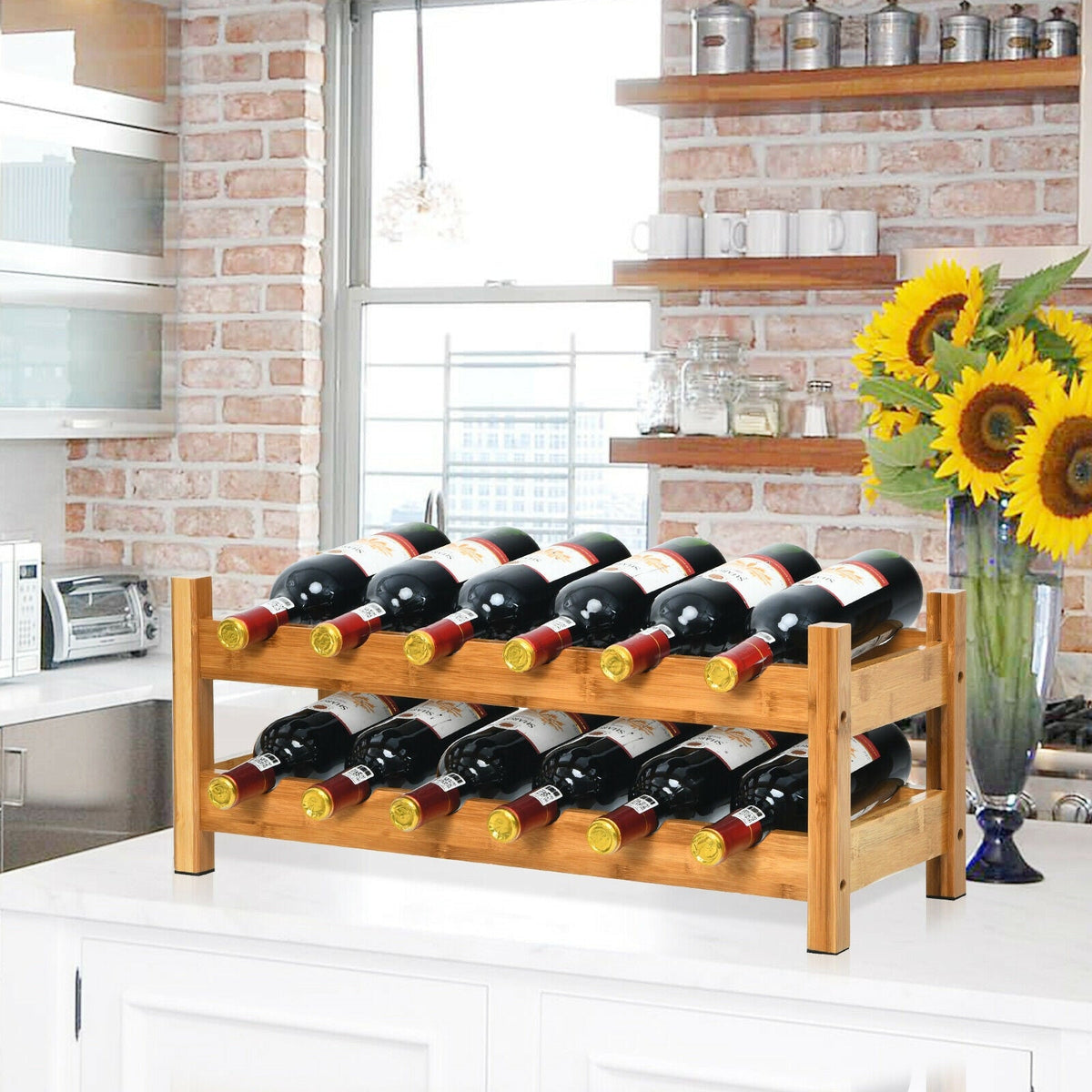 2-Tier 12 Bottles Bamboo Storage Shelf Wine Rack