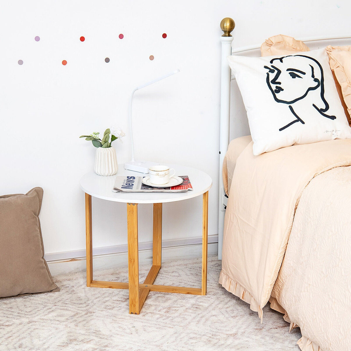 Multifunctional Round Side End Table with Bamboo Legs and X-Shaped Base