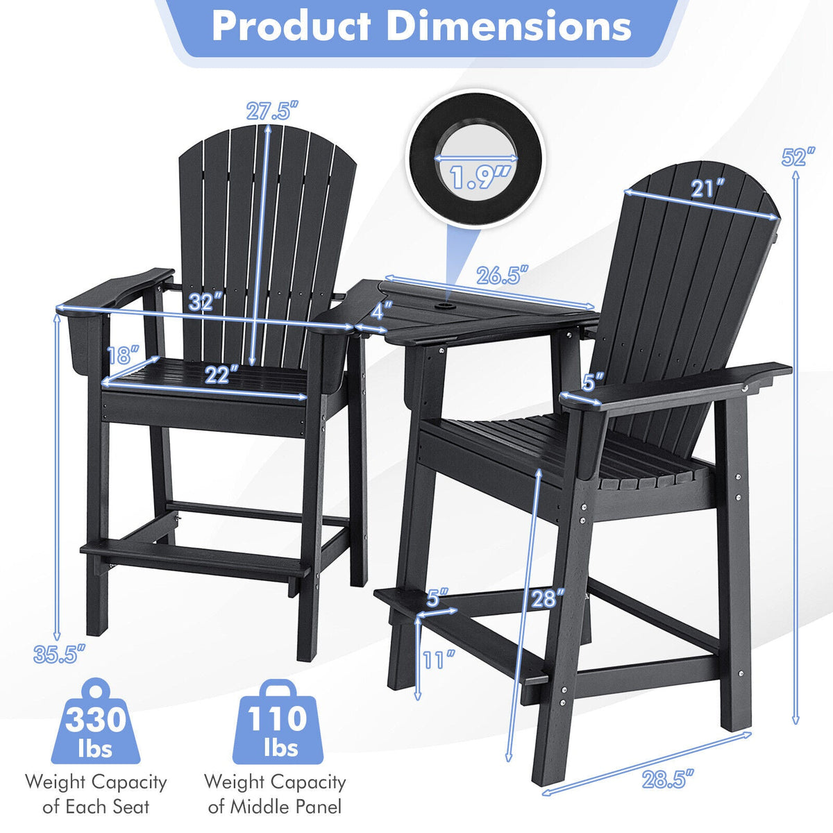 2 Pieces HDPE Tall Adirondack Chair with Middle Connecting Tray