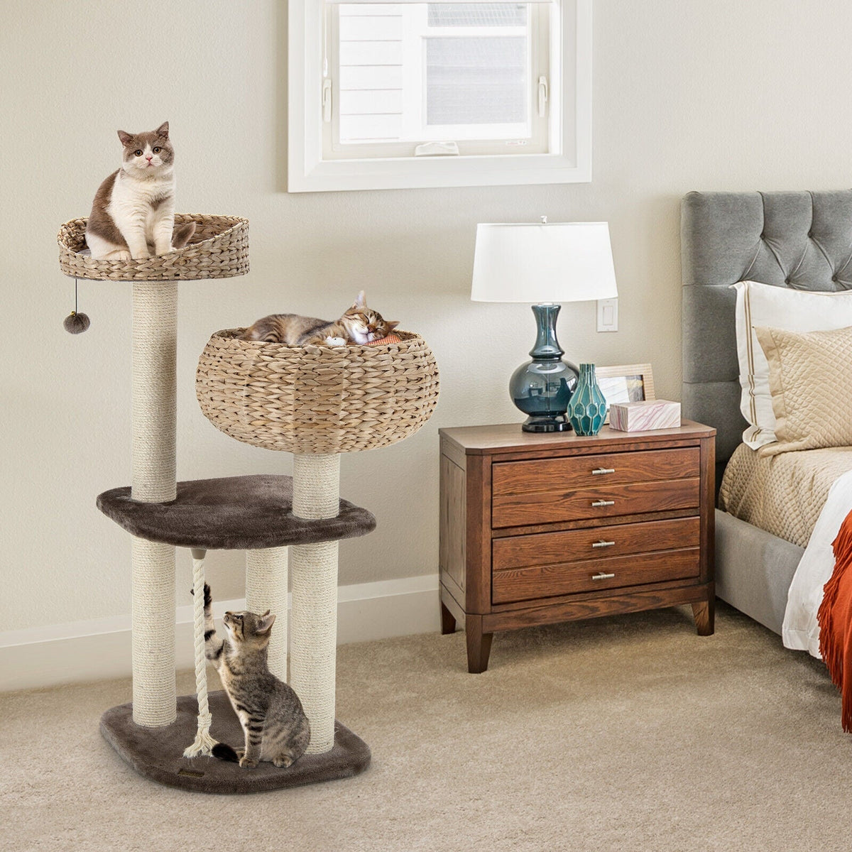 41 Inch Rattan Cat Tree with Napping Perch-Brown
