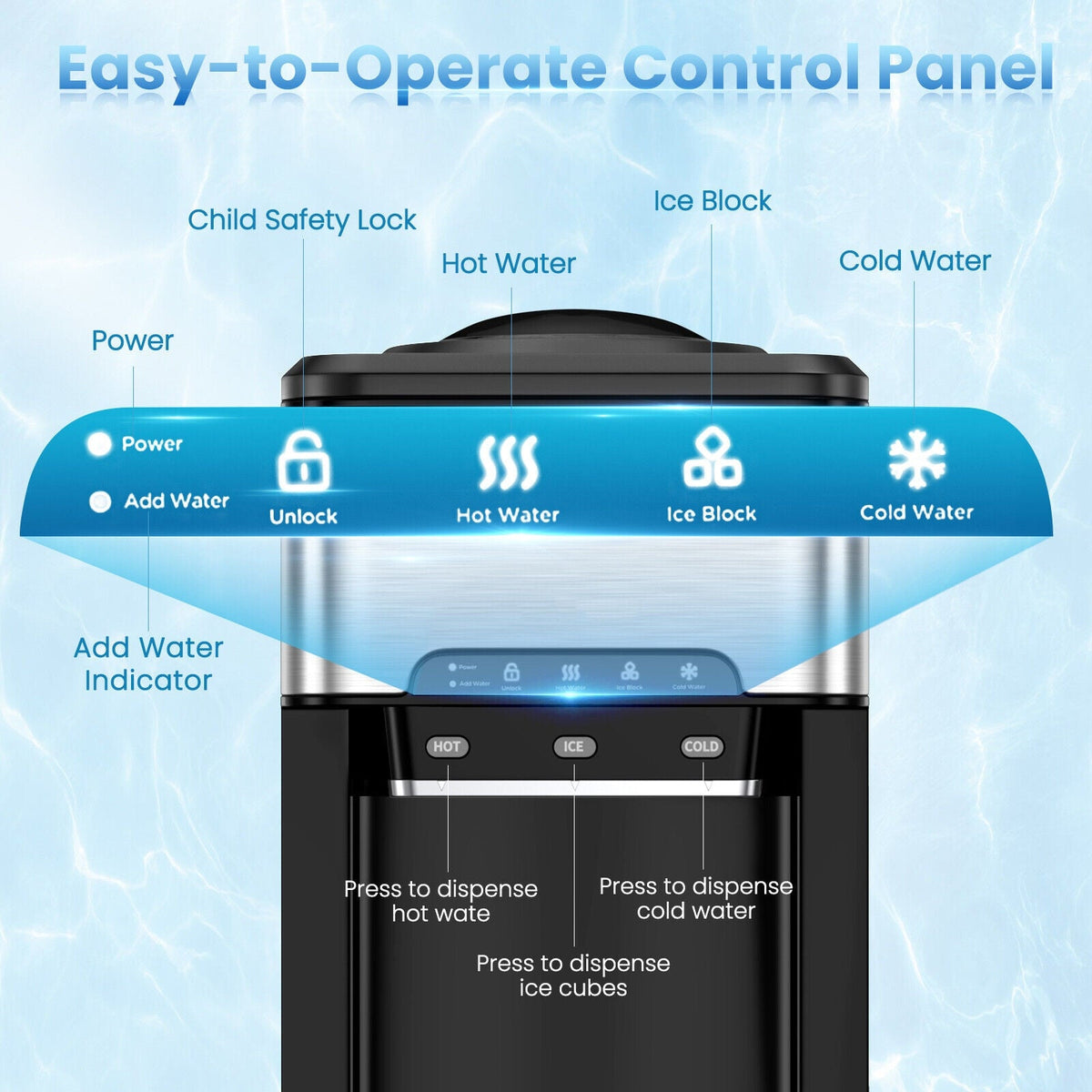 Water Cooler Dispenser 3-in-1 with Built-in Ice Maker and 3 Temperature Settings-Silver