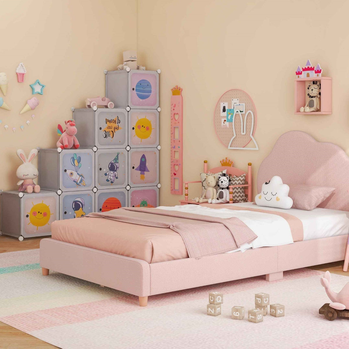 3 Pieces Kids' Room Bundle: Twin Bed Frame Wardrobe Closet Vanity Table and Stool Set