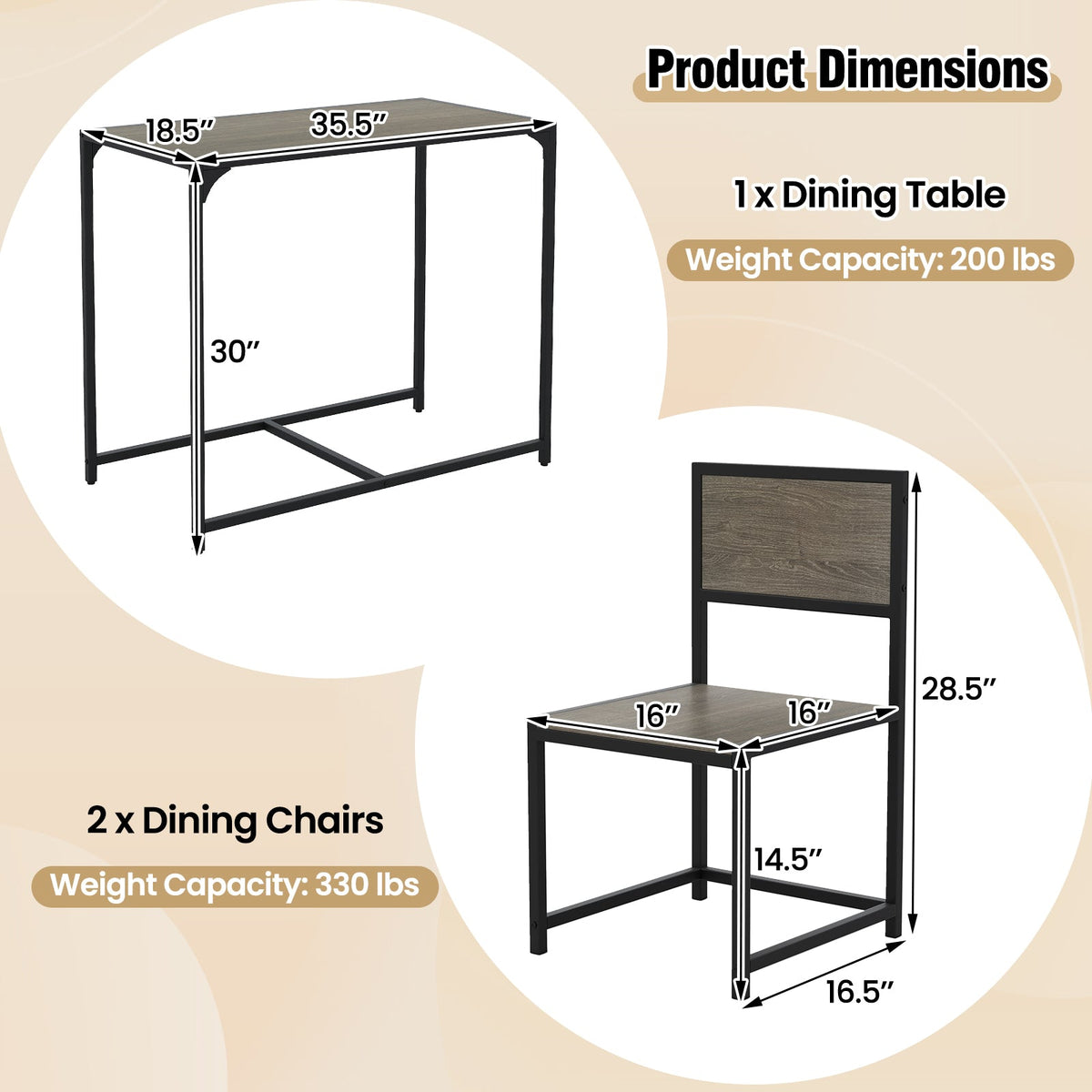 3 Pcs Dining Set Compact Table and 2 Chair with Metal Frame for for Small Space