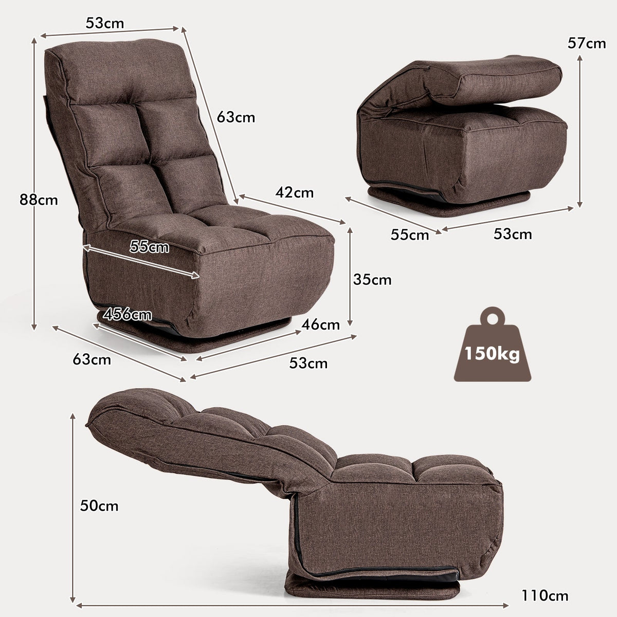 360-Degree Swivel Folding Floor Chair with 6 Adjustable Positions