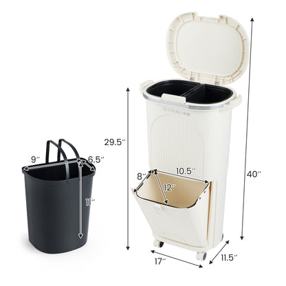 10 Gallon Kitchen Trash Can Double-Layer with Lid and 2 Removable Buckets-Beige
