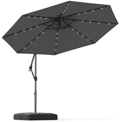 10 Feet Solar Offset Hanging Umbrella with Base and 32 LED Lights-Gray