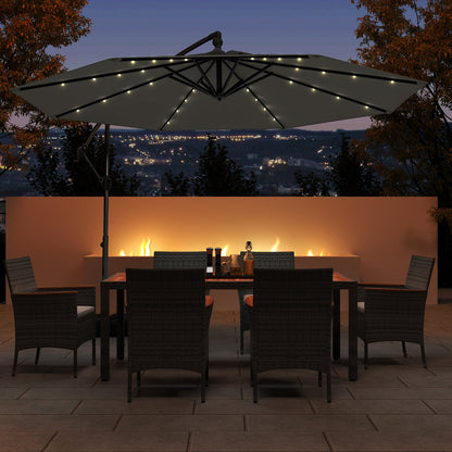 10 Feet Solar Offset Hanging Umbrella with Base and 32 LED Lights-Gray
