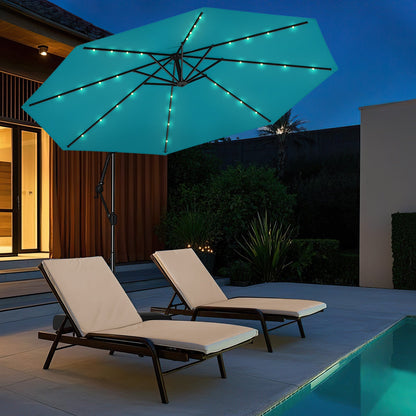 10 Feet Solar Offset Hanging Umbrella with Base and 32 LED Lights-Turquoise