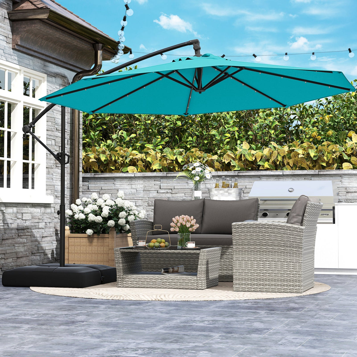 10 Feet Solar Offset Hanging Umbrella with Base and 32 LED Lights-Turquoise