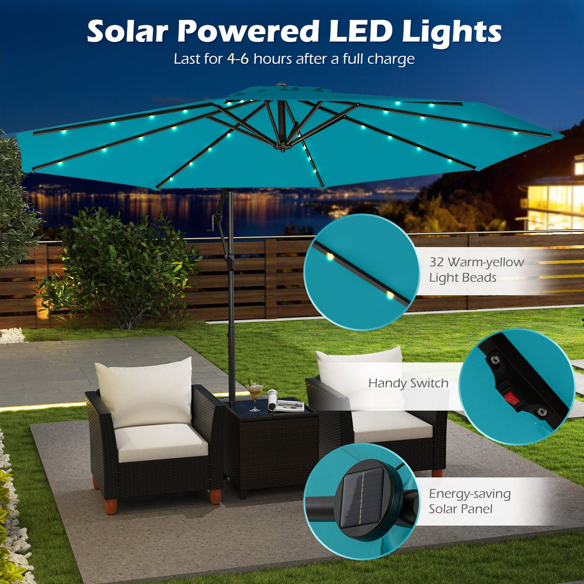 10 Feet Solar Offset Hanging Umbrella with Base and 32 LED Lights-Turquoise