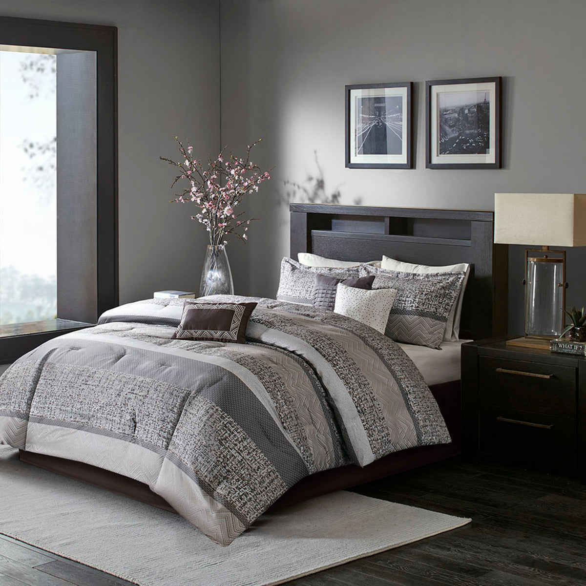7 Piece Jacquard Comforter Set Grey/Taupe Queen