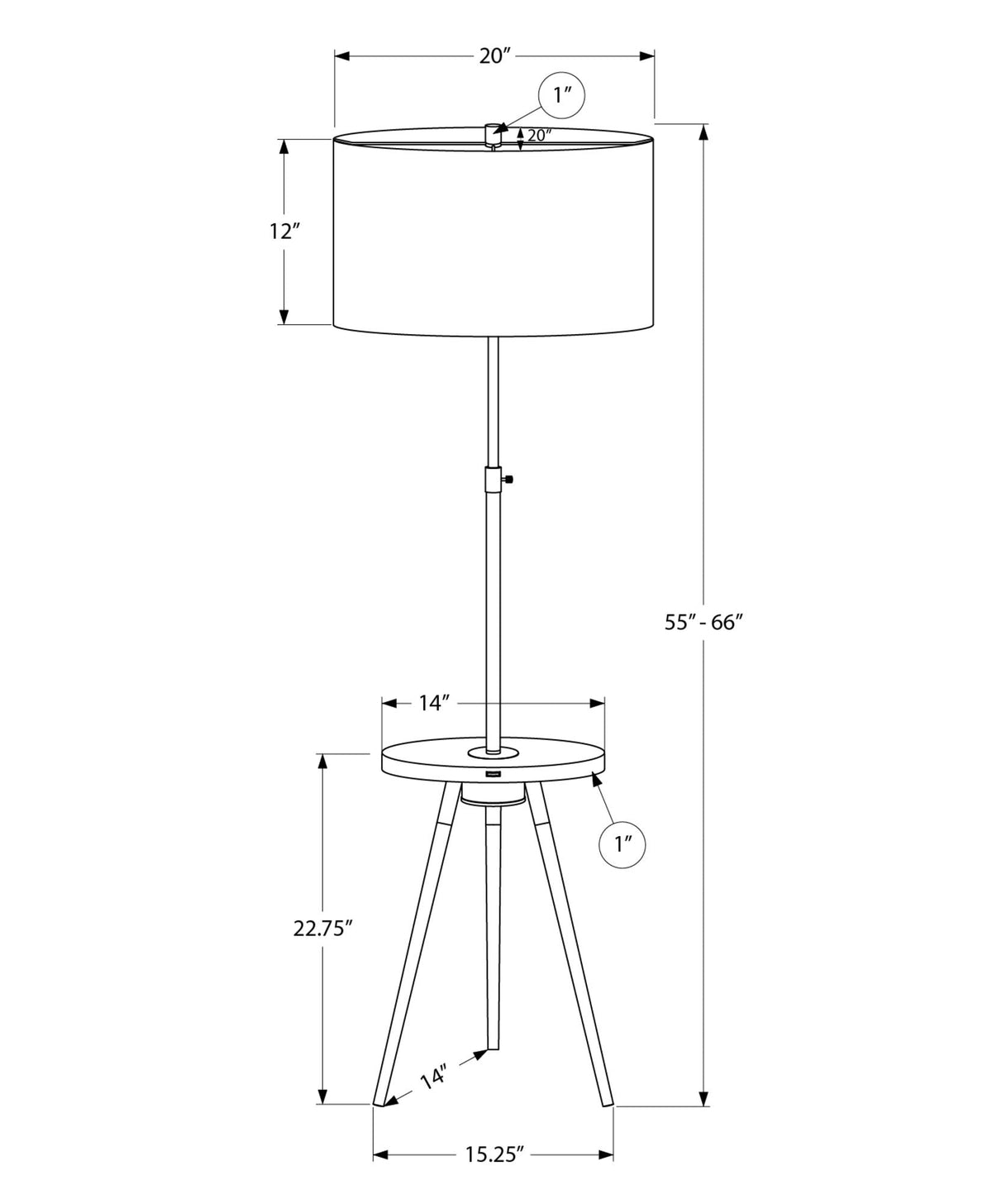 Modern Floor Lamp with Adjustable Height and Built-In Shelf - Black or Gold
