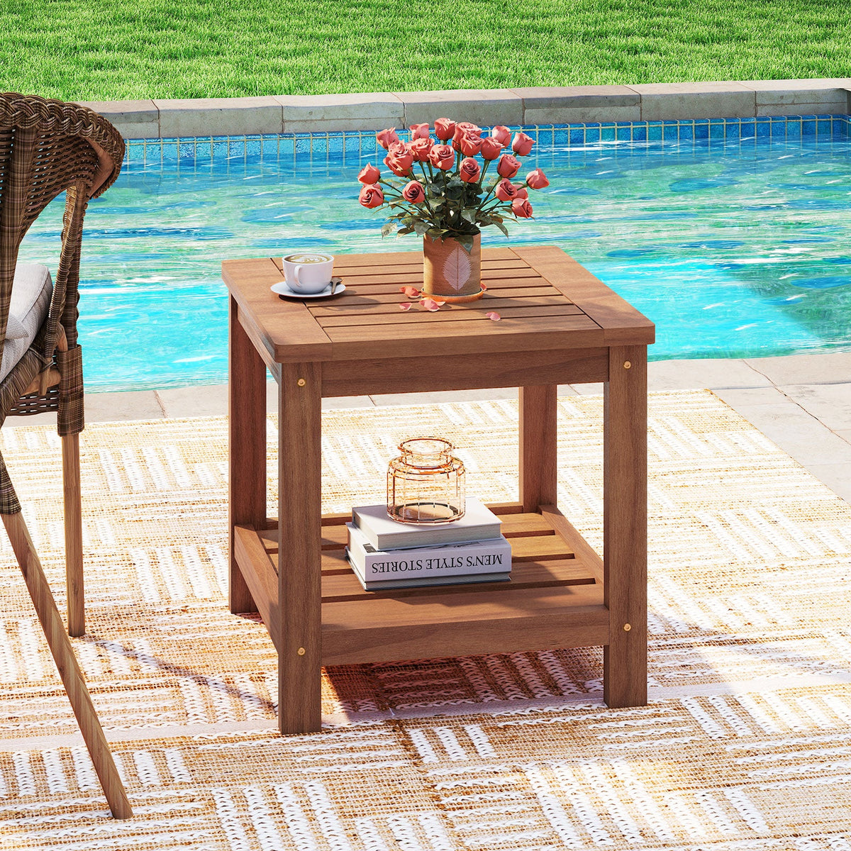 2-Tier Outdoor Side Table with Storage Shelf for Patio