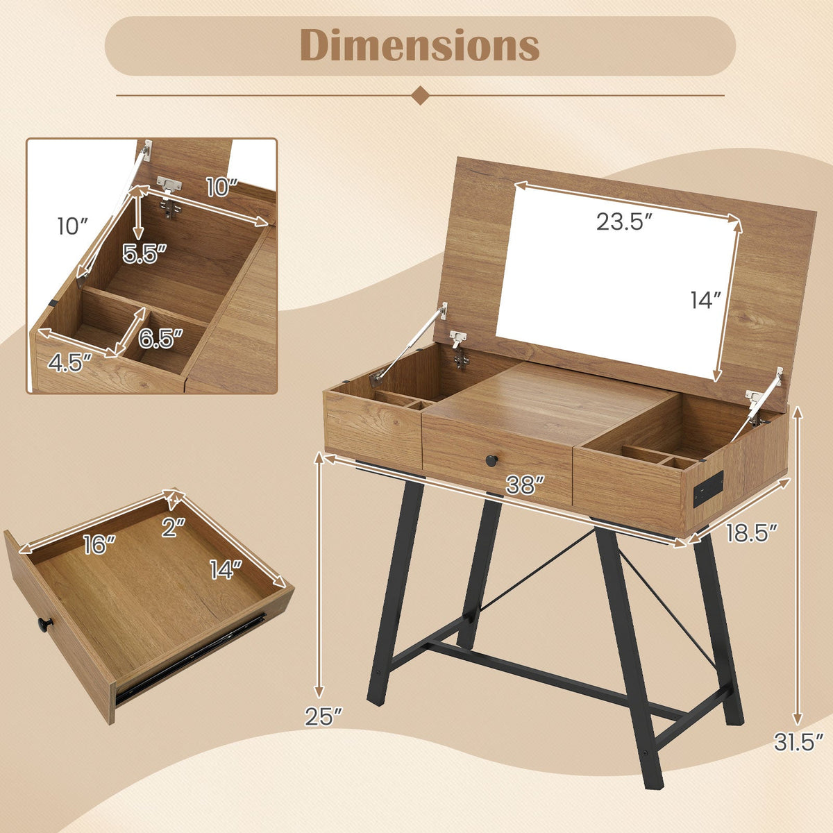 Vanity Desk with Flip Top Mirror Makeup Dressing Table-Rustic Brown