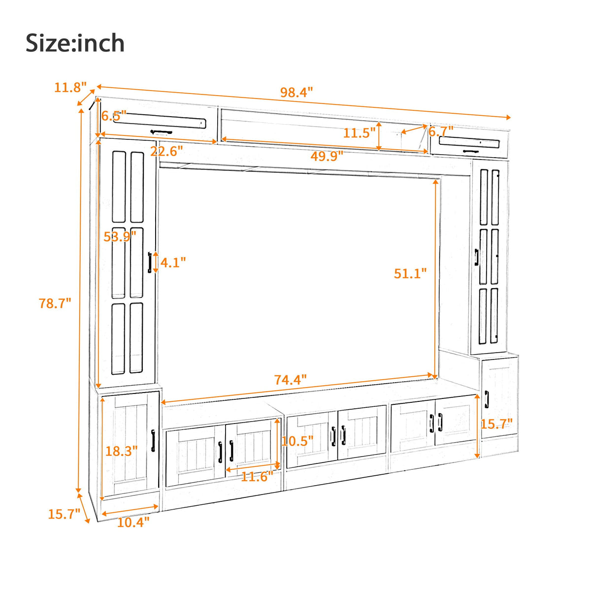 Wall Unit Entertainment Center with Glass Doors - White or Black