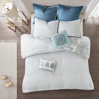 8 Piece Cotton Floral Reversible Comforter Set with Decorative Pillows - Blue
