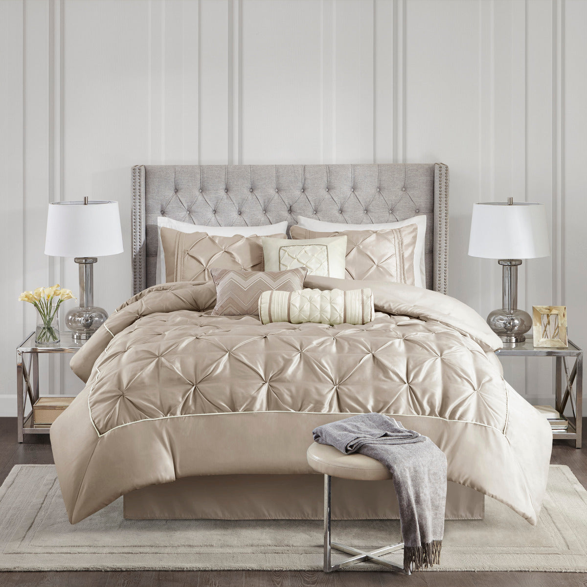 7 Piece Tufted Comforter Set in Taupe