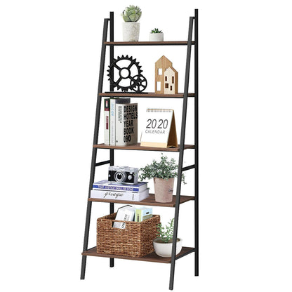 5 Tier Leaning Bookshelf Wood Metal Bookcase