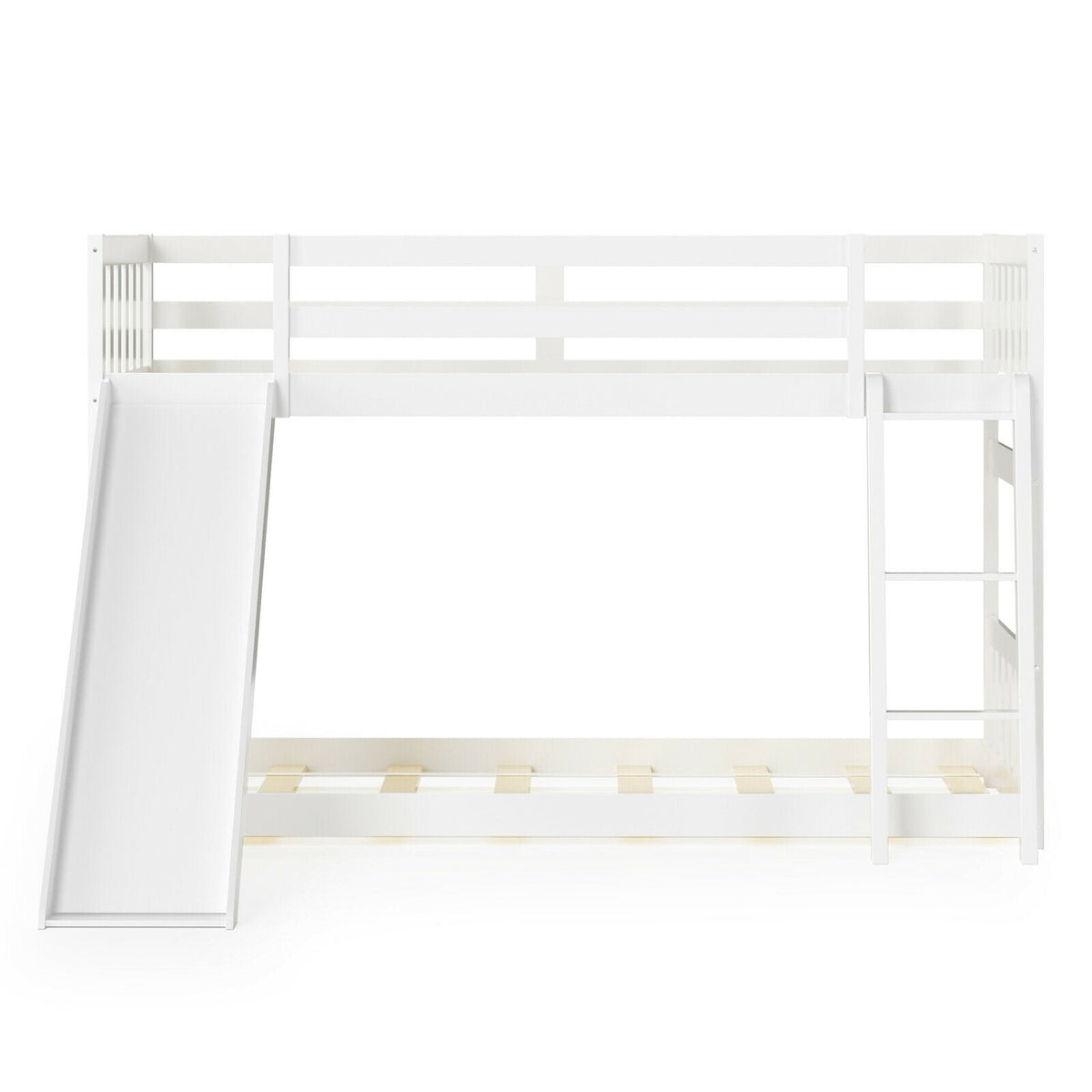 Twin over Twin Bunk Wooden Low Bed with Slide Ladder for Kids