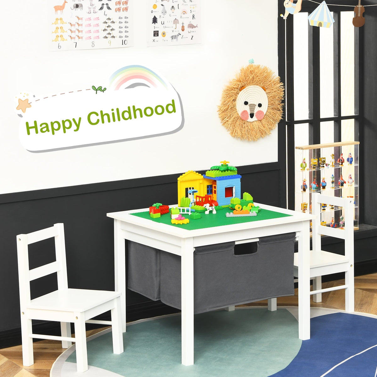 2-in-1 Kids Activity Table and 2 Chairs Set with Storage Building Block Table