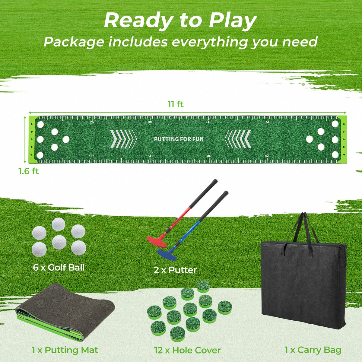 11 FT Putting Green Mat with 2 Adjustable Putters and 6 Balls